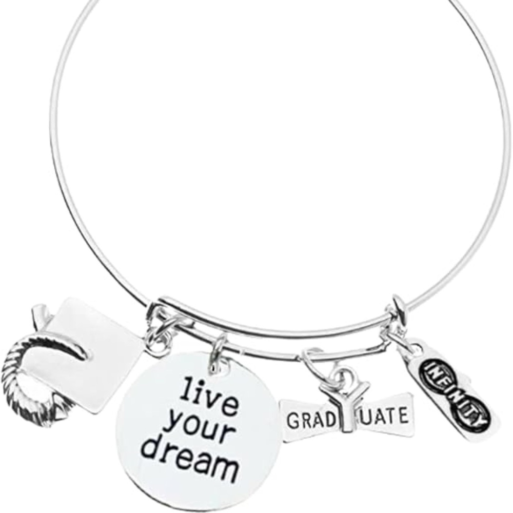 2025 Graduation Charm Bangle Bracelet – Silver "Live Your Dream"